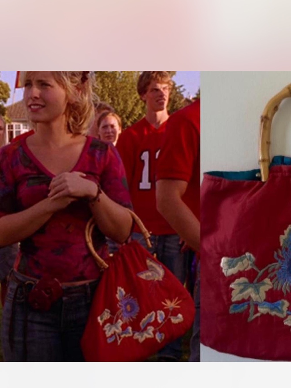 Rare ASO Chloe from Smallville Red Floral Embroidered Bamboo-Handle Tote